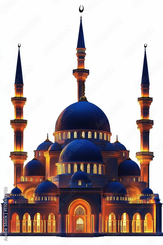 Fototapeta premium Illuminated mosque, multiple domes, minarets.