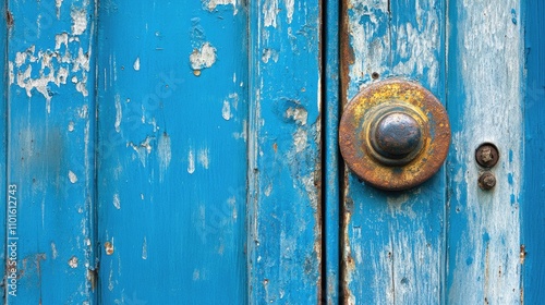 Weathered blue metal door with distressed paint, showcasing rust accents and a round, tarnished doorknob for a vintage aesthetic. photo