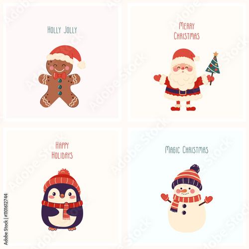Set of Christmas cards with cute Christmas characters, snowman, Santa Claus, penguin, gingerbread man. Winter holiday greeting cards.