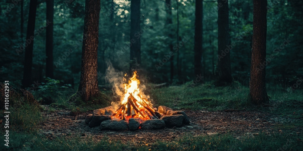 A cozy campfire surrounded by trees in a serene forest setting. A cozy campfire surrounded by trees in a serene forest setting.
