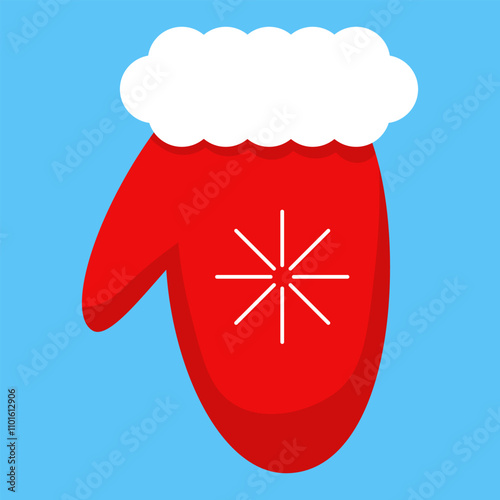Vector illustration of a red Christmas winter glove of Santa with a white star on a blue background