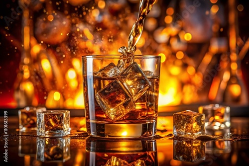 Captivating Double Exposure of Whiskey Pouring Over Ice Cubes in a Glass, Showcasing the Artistry of Slow Motion and Reflections in FullHD Quality