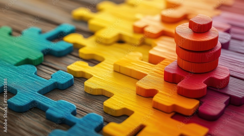 Naklejka premium Colorful wooden puzzle pieces arranged creatively, showcasing vibrant hues and stackable elements on a wooden surface.