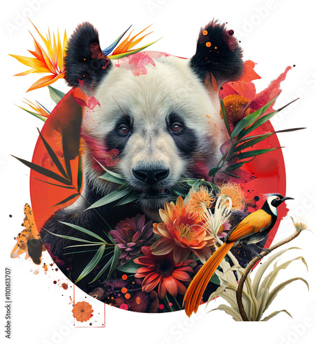 A digital collage on a transparent background of a panda surrounded by vibrant flowers and leaves, with a bold red circle in the background. A colorful bird is also present, addi