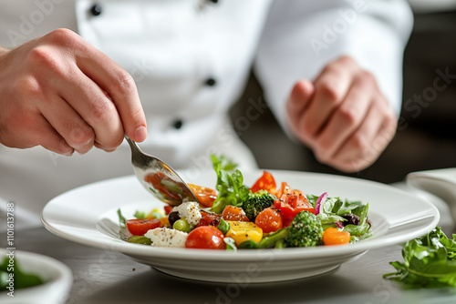 Chef's hands preparing a vegetable recipe in the restaurant kitchen. Cooking and healthy food.