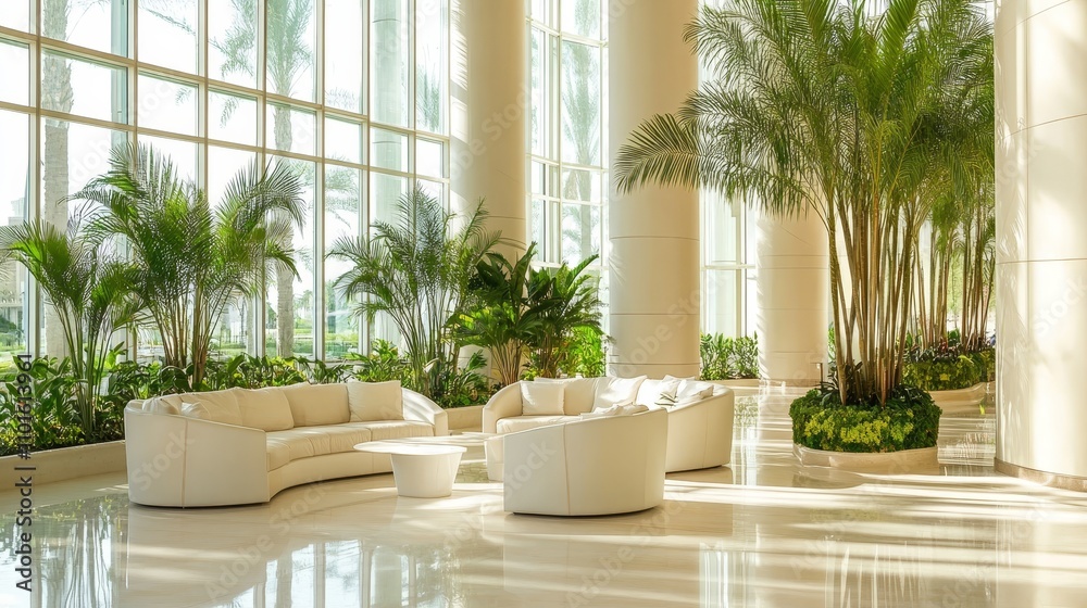 A bright, modern lounge area featuring white furniture and abundant greenery.