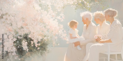 A warm and joyful scene of women from different generations, from a grandmother to a young child, gathered together in a beautiful garden, celebrating the legacy of strength passed down through family
