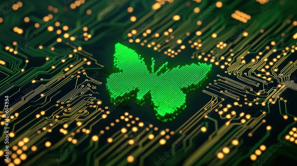 Obraz premium Green Butterfly Tech Icon on Circuit Board Digital Nature Innovation and Sustainability
