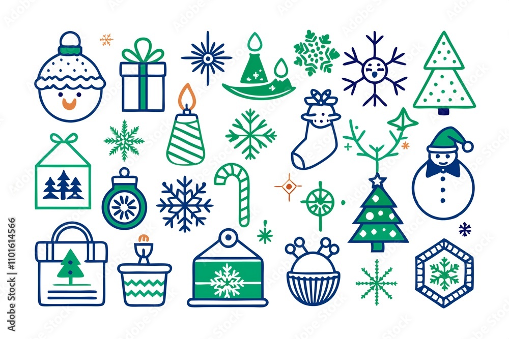 A collection of Christmas-themed icons, including a tree, a snowman A collection of Christmas-themed icons, including a tree, a snowman