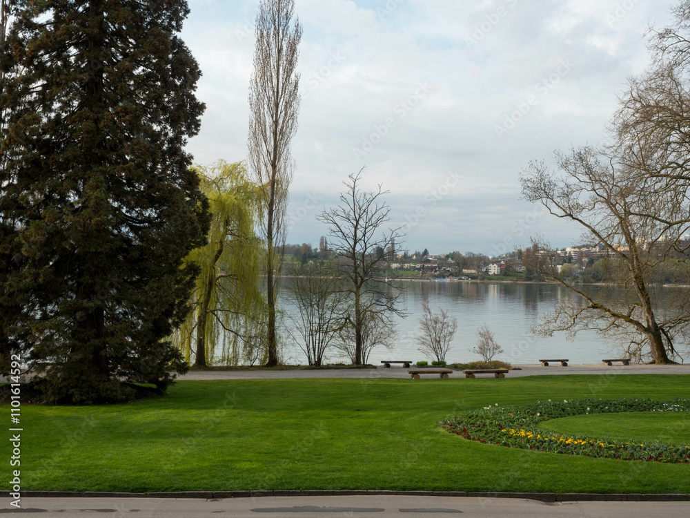 Obraz premium A tranquil lakeside view set against a serene landscape features sprawling trees, lush green grass, and distant architectural elements, embodying natural calmness.