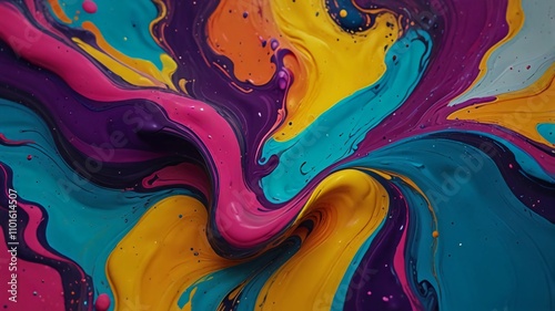 Beautiful abstraction of liquid paints in slow blending flow mixing together gently