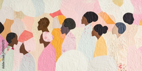 A beautiful, hand sewn quilt that depicts key milestones in women's history, passed down from older woman to younger woman, symbolizing continuation of women's achievements through the generations.