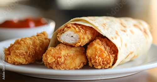 Crispy Chicken Tenders Wrapped in a Tortilla on a White Plate