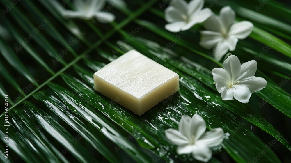 White soap bar placed elegantly on a vibrant green palm leaf, complemented by soft white flowers, creating a serene and natural aesthetic. White soap bar placed elegantly on a vibrant green palm leaf, complemented by soft white flowers, creating a serene and natural aesthetic.