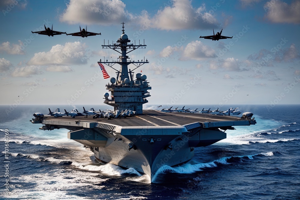 Impressive Aerial View of Military Aircraft Carrier and Fighter Jets in Action During Naval Mission Impressive Aerial View of Military Aircraft Carrier and Fighter Jets in Action During Naval Mission