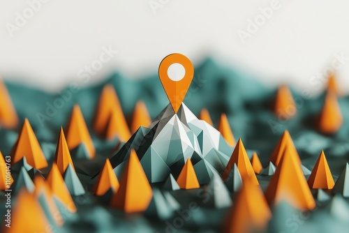 Low Poly Mountain Range with Location Pin 3D Render Abstract Network Background photo