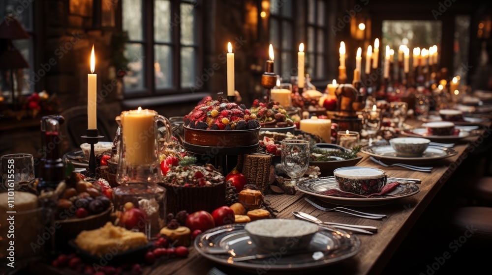 A beautifully decorated Christmas table featuring a festive meal, complete with traditional dishes, candles, and holiday decorations. A beautifully decorated Christmas table featuring a festive meal, complete with traditional dishes, candles, and holiday decorations.