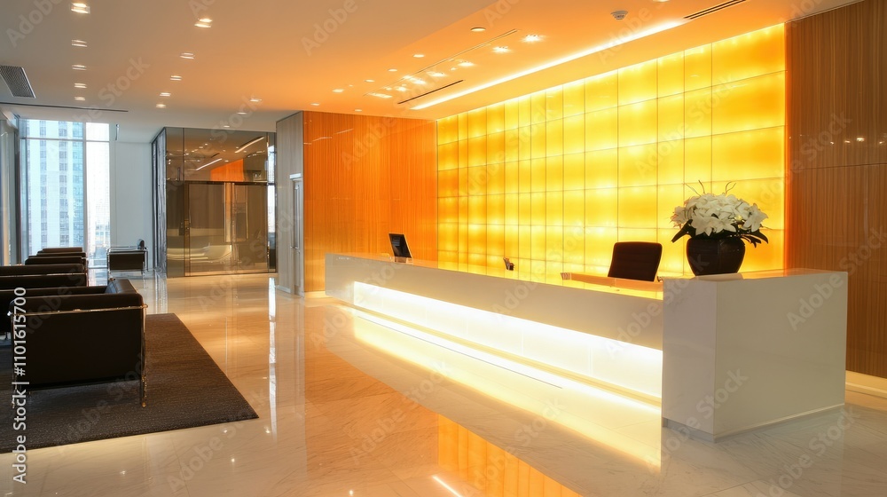 A contemporary reception area with elegant backlit features, chic furniture, and an overall sleek design, enhancing the atmosphere of a high-end commercial space A contemporary reception area with elegant backlit features, chic furniture, and an overall sleek design, enhancing the atmosphere of a high-end commercial space