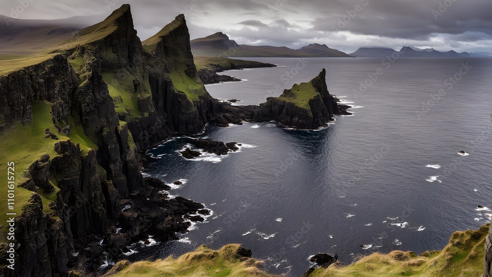 Wild and windy coast of the isleof skye scotland with rugged sea stacks and cliffs, AI Generated
