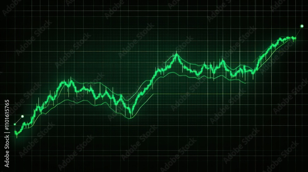 A neon green line graph on a dark background with grid lines, showing fluctuating stock market investments with points highlighting significant trades. A neon green line graph on a dark background with grid lines, showing fluctuating stock market investments with points highlighting significant trades.