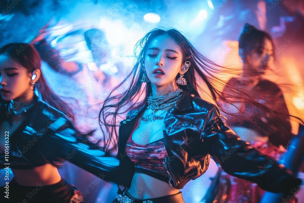 Woman dances, neon lights, flowing hair, concert. Woman dances, neon lights, flowing hair, concert.