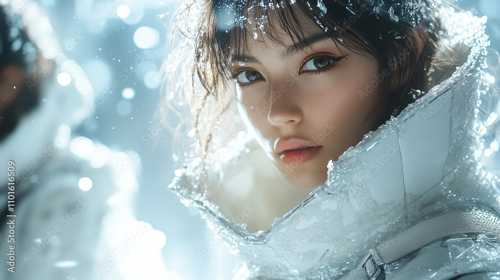 Captivating close-up of a woman in a shiny winter coat against a snowy backdrop during an icy expedition in winter. Generative AI Captivating close-up of a woman in a shiny winter coat against a snowy backdrop during an icy expedition in winter. Generative AI