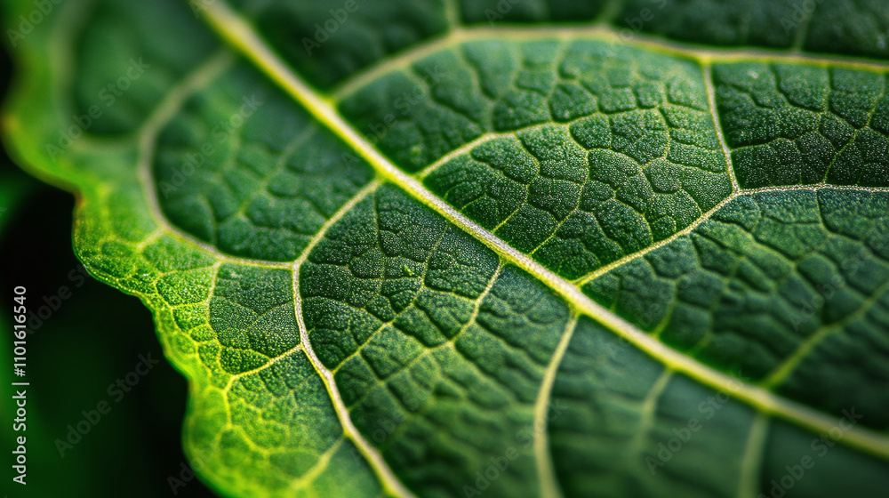 A macro shot of a green leaf showcasing intricate vein patterns and rich natural texture A macro shot of a green leaf showcasing intricate vein patterns and rich natural texture