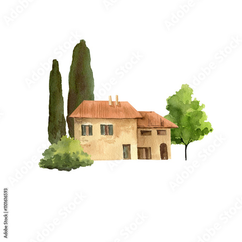 European, France, Italian rural landscape ancient houses and towers, cypress trees and bushes, watercolor isolated view element. Mediterranean Europe horizontal scenery with for travel tourists design