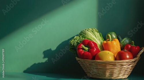 Colorful array of fresh raw vegetables in a wicker basket set against a softly blurred green background, highlighting the organic food theme and fresh produce. photo