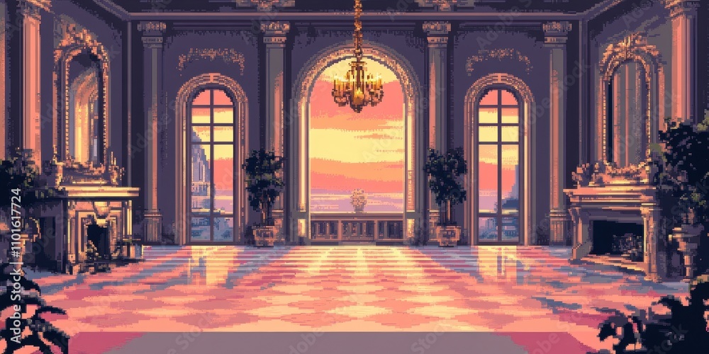 Fototapeta premium An elegant interior space with ornate details, large windows, and a sunset view.