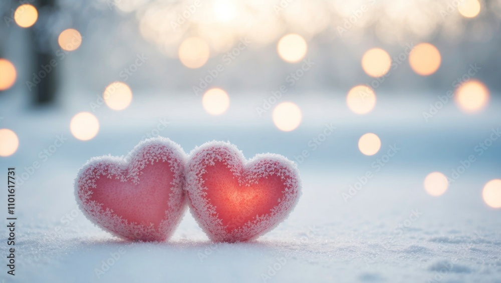 Frozen heart shapes in snow with soft bokeh lights perfect for winter romance, love decoration, winter celebration, print, digital art Frozen heart shapes in snow with soft bokeh lights perfect for winter romance, love decoration, winter celebration, print, digital art
