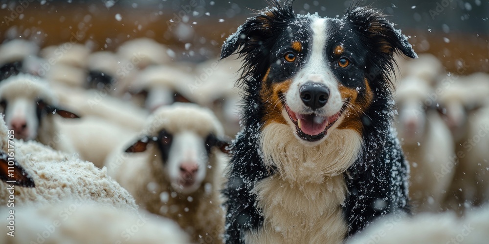 Happy herding dog covered in snow amongst a flock of sheep. Happy herding dog covered in snow amongst a flock of sheep.