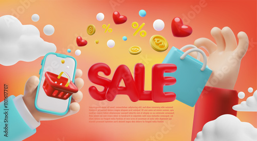 Online sale 3D plastic style banner, mobile shopping service on smartphone, vector special offer, hand with shopping bag