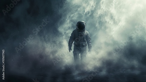 A lone astronaut ventures through a misty and dark alien environment, with mysterious fog swirling around. This cinematic scene is perfect for depicting isolation, exploration, and sci-fi adventure.
