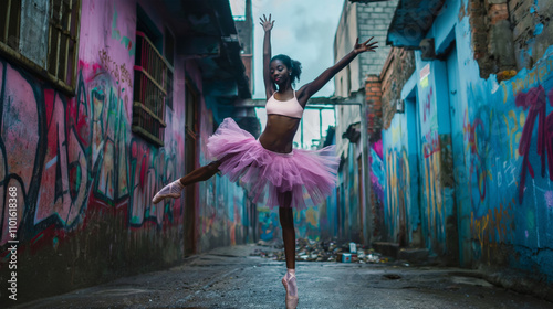 A ballerina girl in a pink dress dances against the backdrop of dirty city street. Problems of the young generation in poor urban neighborhoods and ghettos. photo