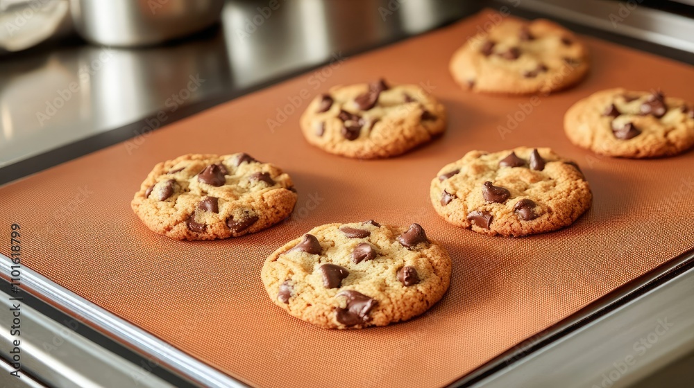 A non-stick silicone baking mat in action, with freshly baked cookies being lifted off with ease, showcasing the product's practicality A non-stick silicone baking mat in action, with freshly baked cookies being lifted off with ease, showcasing the product's practicality