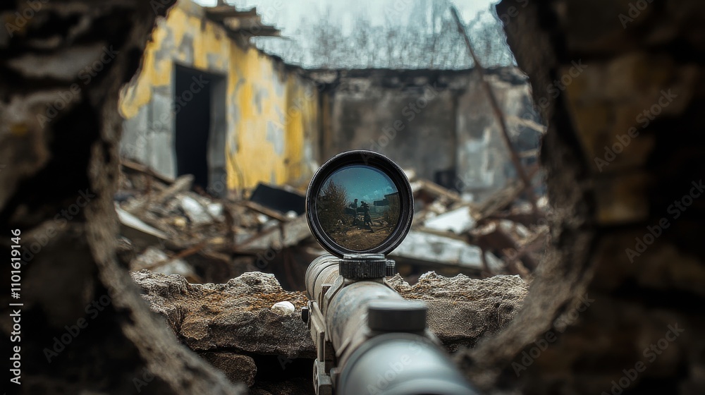 Close-up of a sniper focusing through the scope, surrounded by urban ruins Close-up of a sniper focusing through the scope, surrounded by urban ruins