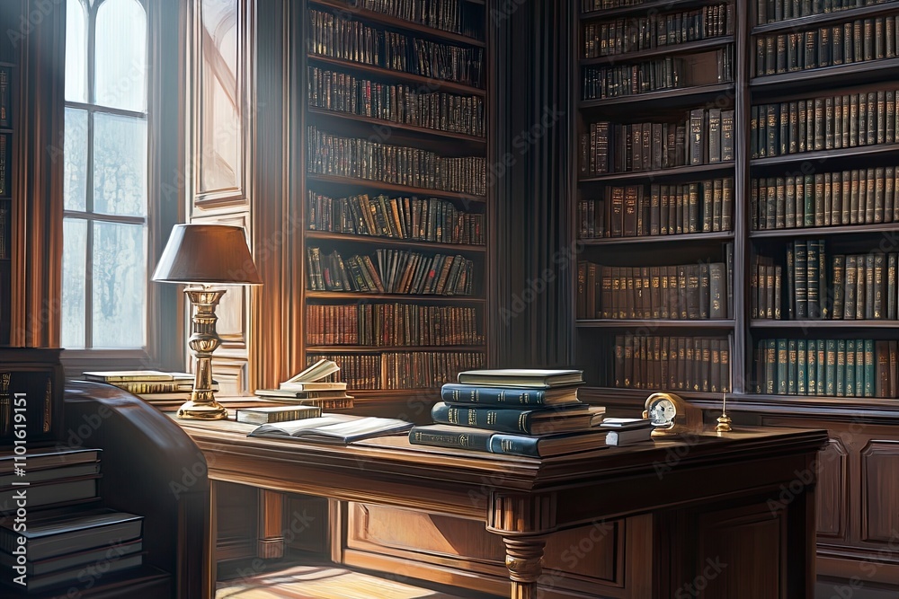 Fototapeta premium side view, books in library, desk with books, high resolution photography 