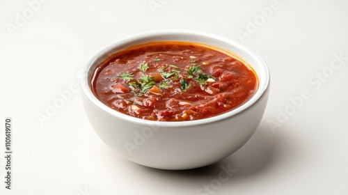 Bowl of vibrant red borscht topped with fresh herbs, displayed against a minimalist white background, capturing a frontal view of the hearty soup.