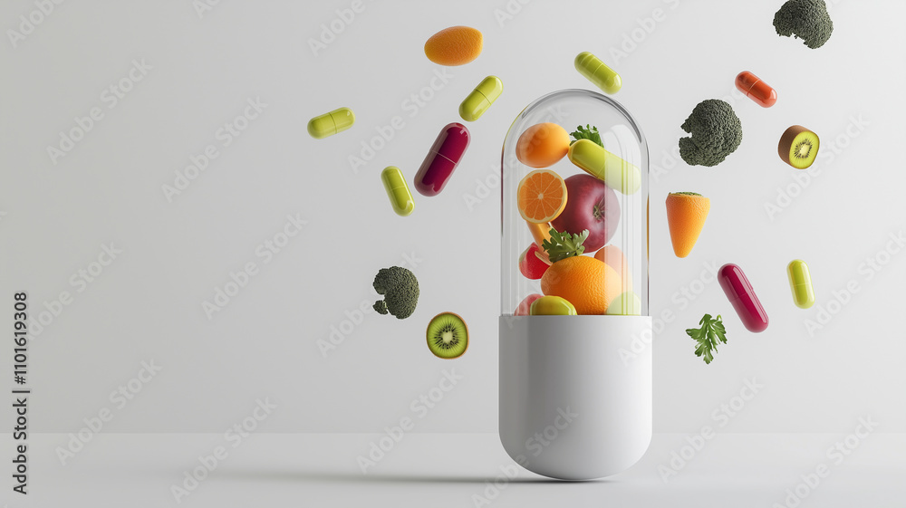 glowing supplement capsule filled with vibrant fruits and vegetables, showcasing health and wellness. colorful ingredients symbolize nutrition and vitality