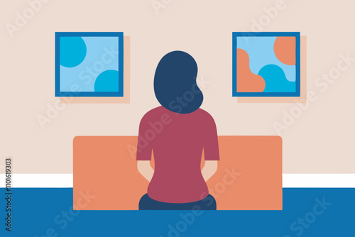 A person on an orange couch against a beige wall, with colorful pictures. Blue surroundings create a serene ambiance in the room.