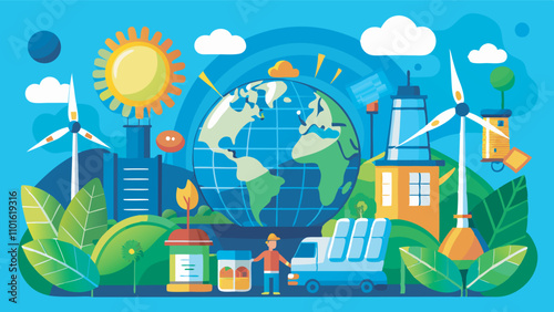 Illustration of Earth surrounded by renewable energy elements - wind turbines, solar panels, eco-friendly transport. Symbolizes sustainability and commitment to eco-friendly practices.