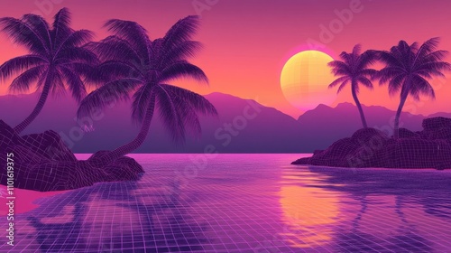 A vibrant retro landscape featuring palm trees, mountains, and a sunset over tranquil waters.