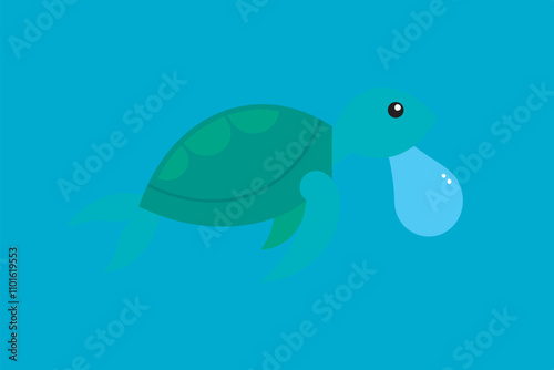 Cartoon sea turtle in blue waters, green body with tear and bubbles, ambiguous direction and emotion portrayed in lively atmosphere.
