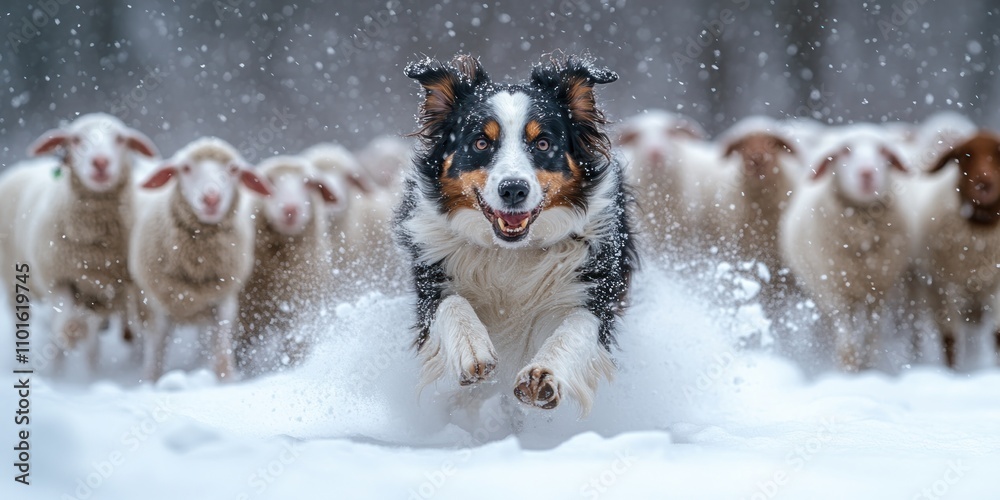 Happy herding dog running through snow, followed by flock of sheep. Happy herding dog running through snow, followed by flock of sheep.