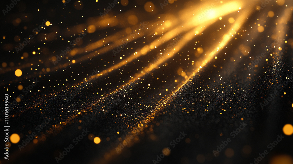 Glimmering golden particles create a mesmerizing display on a dark background Glimmering golden particles create a mesmerizing display on a dark background