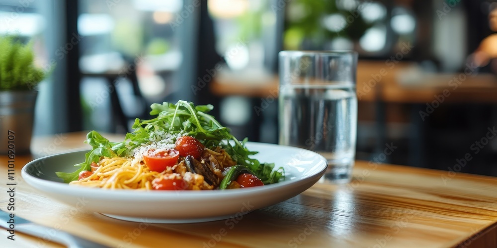Delicious plate of fresh pasta garnished with greens and cherry tomatoes on a wooden table. Delicious plate of fresh pasta garnished with greens and cherry tomatoes on a wooden table.