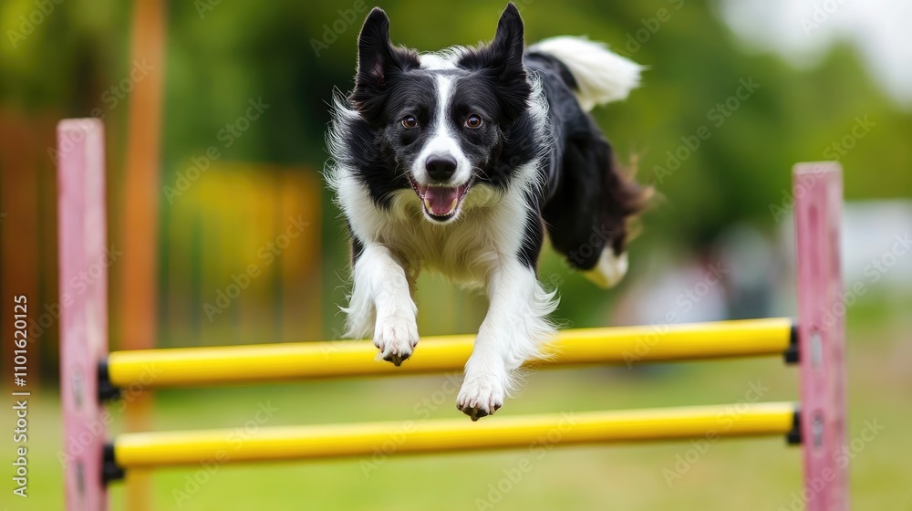 Border Collie Joyfully Leaping Over Yellow Agility Barrier with Intense Focus in a Vibrant Training Environment Border Collie Joyfully Leaping Over Yellow Agility Barrier with Intense Focus in a Vibrant Training Environment