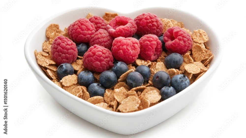 Heart-shaped bowl filled with breakfast cereals topped with vibrant fresh raspberries and blueberries, showcasing a healthy and colorful morning meal. Heart-shaped bowl filled with breakfast cereals topped with vibrant fresh raspberries and blueberries, showcasing a healthy and colorful morning meal.
