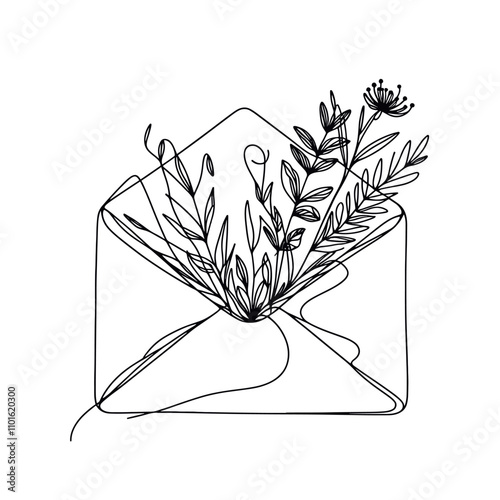 letter single continuous line art. Romantic one sketch ine drawing, black white vector illustration